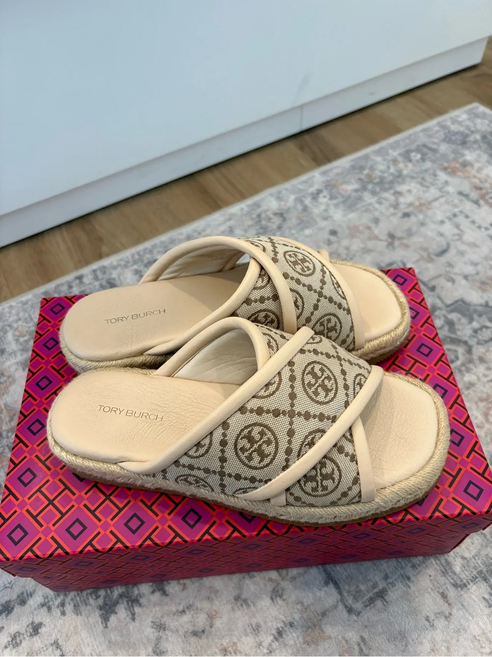 Tory Burch Beige Canvas Logo Espadrille Slides
